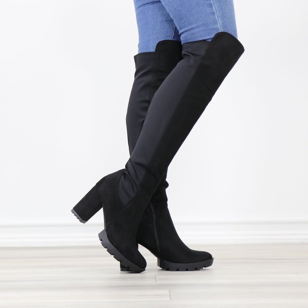 Black Faux Suede Round Toe Thigh High Over The Knee Lug Block Heel Boots - Picture 7 of 14